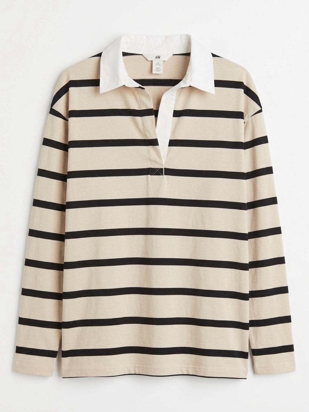 H&M Beige and Black Striped Long-Sleeve Rugby Top with White Collar